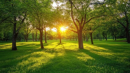 Obraz premium Peaceful forest glade bathed in golden sunlight, open field with room for text overlay.