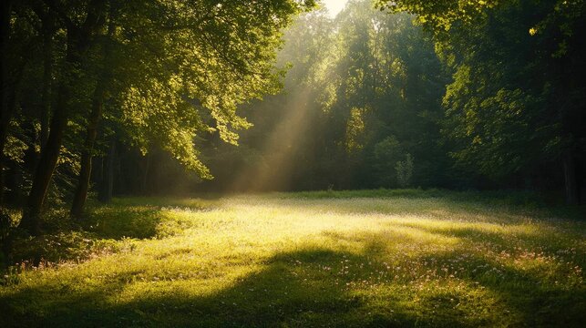 Peaceful forest glade bathed in golden sunlight, open field with room for text overlay.