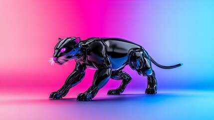 Fototapeta premium Sleek, black robotic panther in a vibrant pink and blue setting. Futuristic and stylish.