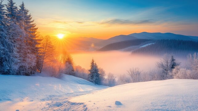 Serene winter sunrise over rolling hills, mist rising from the snow-covered ground. - Powered by Adobe