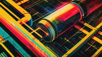 Obraz premium Retro-tech poster of a futuristic electric car battery with bold outlines and vibrant colors on a circuit board background.