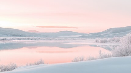 Naklejka premium Soft pastel hues of sunrise reflecting on frozen lake waters, gentle snowfall enhancing the scene.