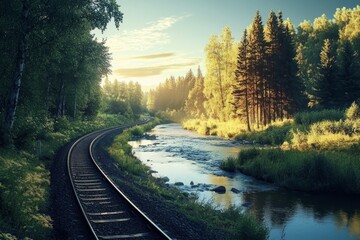 Fototapeta premium The beauty of nature along railroad tracks with a flowing river.