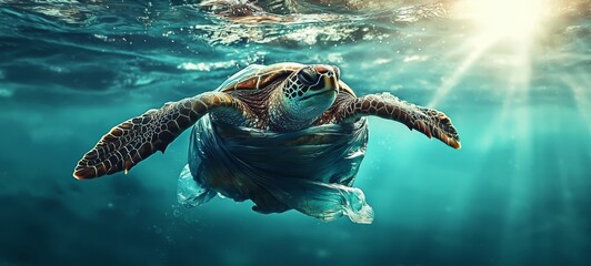 Obraz premium A tragic scene of marine life struggling with plastic pollution.
