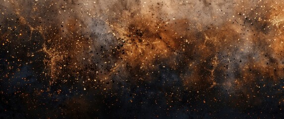 Obraz premium Abstract grainy texture, deep earthy browns blending with blacks, chaotic strokes, gold specks create dramatic light contrast.