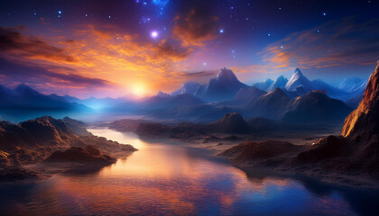 Breathtaking alien landscape with glowing mountains, a reflective river, and a vibrant sky filled with stars and a setting or rising sun