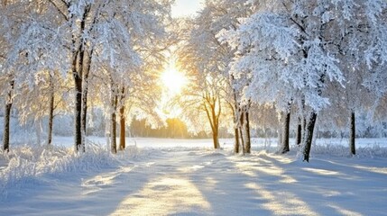 Sunrise casting a soft glow over a snow-covered forest, untouched frost creating a pristine scene.