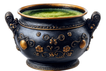 Decorative cauldron filled with green liquid
