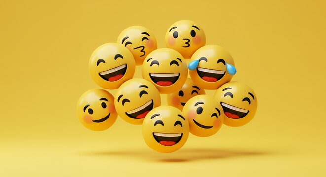 A cluster of cheerful emoji faces on a vibrant yellow background, conveying joy and humor.