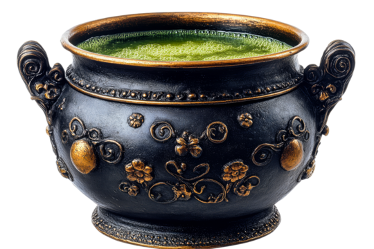 Decorative cauldron filled with green liquid