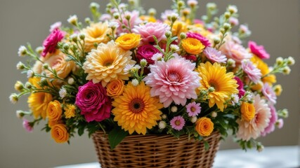 Fototapeta premium Vibrant Floral Arrangement in a Woven Basket on a Neutral Background