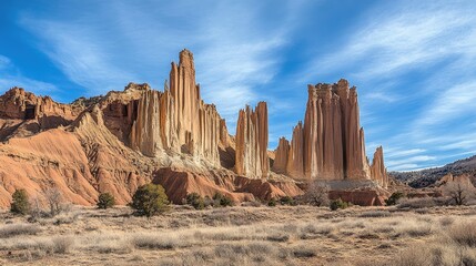Towering cliffs and jagged rocks along a mountain ridge, dramatic light and open sky.