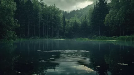 Fototapete Rund Tranquil forest pond reflecting surrounding trees, soft ripples, and an open sky for text. © Sampao