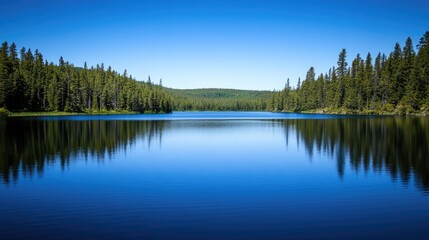 Tranquil lake reflecting the clear blue sky, surrounded by tall pine trees, wide empty space for text.