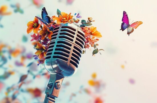 Vintage microphone adorned with colorful flowers and butterflies, symbolizing music, creativity, and nature s beauty in a vibrant summer setting