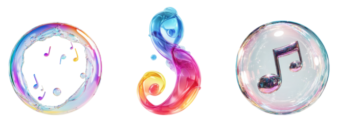 Colorful musical notes and symbols isolated on a transparent background