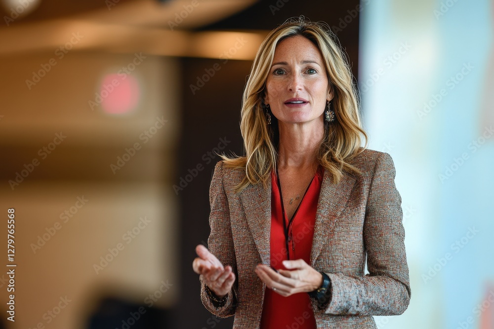 Poster conference speaker engaging an audience in a professional setting during a business event focused on