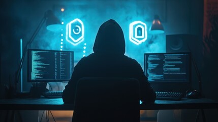 The Enigmatic Hacker: A mysterious figure cloaked in shadows, hunched over a glowing computer screen, and the digital realm with intense concentration, ready to protect the digital realm.