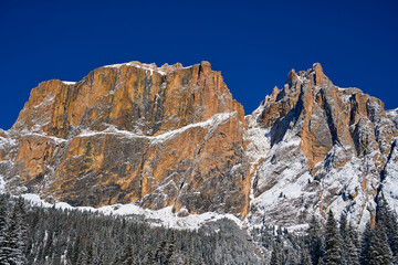 Beautiful panoramic view to the Sellaronda - the ski circuit around the Sella group in Dolomites, Italy - Badia, Gherdeina, Fascia. Extraordinary snowy peaks of the dolomites, southern Alps.