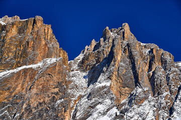 Beautiful panoramic view to the Sellaronda - the ski circuit around the Sella group in Dolomites, Italy - Badia, Gherdeina, Fascia. Extraordinary snowy peaks of the dolomites, southern Alps.
