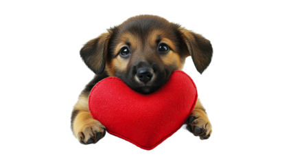 Cute puppy holding a red heart toy indoors