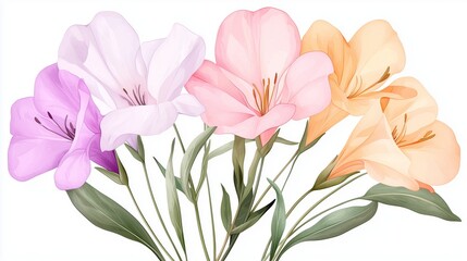 Vibrant watercolor flowers with multicolored petals and green leaves