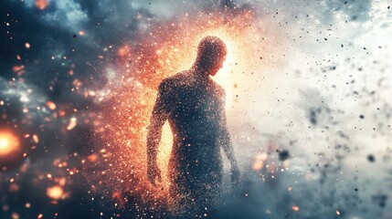 Fototapeta premium Transcendent Being: A figure emerges from swirling particles, emanating light amidst a celestial backdrop, symbolizing transformation and the power within.