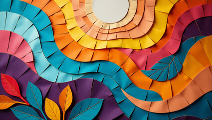 Obraz premium Recycled Paper Mosaic Wall Hanging – A colorful wall art piece composed of recycled paper pieces forming a vibrant mosaic.