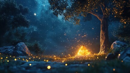 Camping under the stars with glowing AR constellation guide, serene natural setting, soft ambient lighting, photorealistic