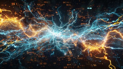 Data streams visualize metrics; golden energy meets cool blue KPIs emerging from digital lakes with a corporate watermark.