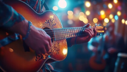 Fototapeta premium Folk music performance with glowing AR instruments, vibrant cultural setting, soft warm lighting, photorealistic