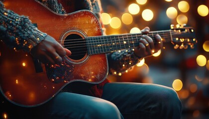 Obraz premium Folk music performance with glowing AR instruments, vibrant cultural setting, soft warm lighting, photorealistic
