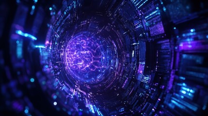 Obraz premium Journey into the Core: A captivating visual of a futuristic core, pulsating with an ethereal blue light, and encased within a complex network of digital infrastructure.