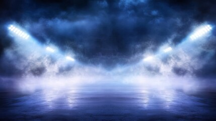 Nighttime spectacle with arena lights piercing the darkness.