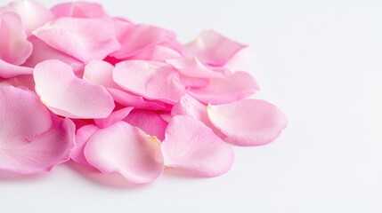 Obraz premium Delicate pink rose petals scattered on a clean white surface in bright studio light.