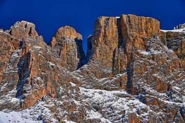 Beautiful panoramic view to the Sellaronda - the ski circuit around the Sella group in Dolomites, Italy - Badia, Gherdeina, Fascia. Extraordinary snowy peaks of the dolomites, southern Alps.