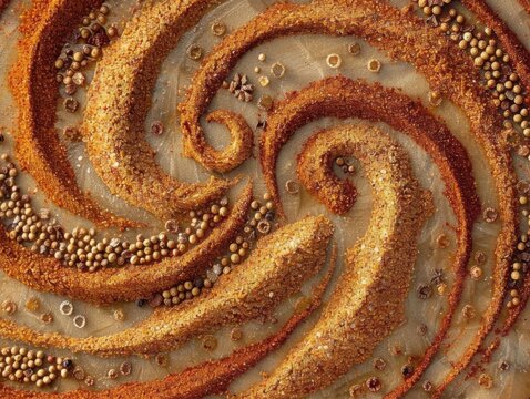 Spiced swirls art using cumin and paprika, fine grains in hyper-detailed patterns, textured surface, oversaturation.