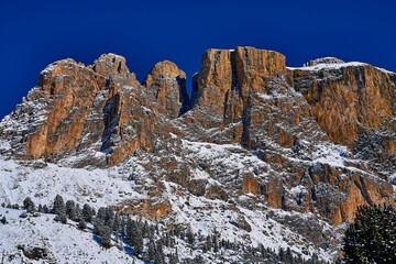 Beautiful panoramic view to the Sellaronda - the ski circuit around the Sella group in Dolomites, Italy - Badia, Gherdeina, Fascia. Extraordinary snowy peaks of the dolomites, southern Alps.
