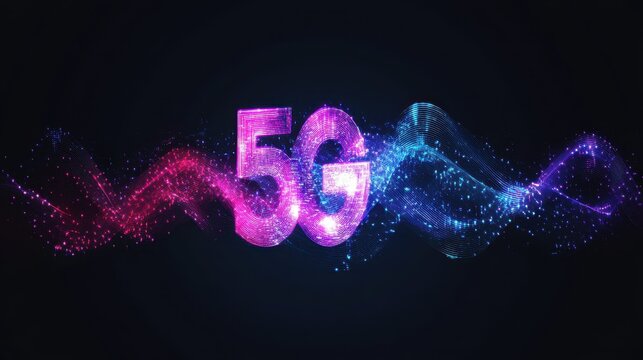 "5G: The forefront of telecommunications is captured in a vibrant, eye-catching digital rendering. The numbers "5G" boldly stand amidst flowing streams of light particles in a captivating, colorful.