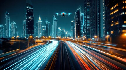 Fototapeta premium Cityscape Drone: An aerial perspective of a vibrant cityscape at night, with trails of light from fast-moving vehicles and a futuristic drone soaring above skyscrapers.