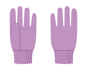 Winter Gloves with elasticated cuffs purple cartoon Fashion hand accessory clothing technical illustration garment. Vector front palm back view for Men, women unisex style flat CAD on white background