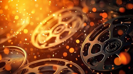 Fototapeta premium Vintage film reels set against a beautiful bokeh backdrop.