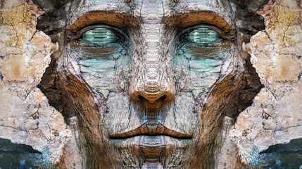 Ancient guardian face: A detailed symmetric representation of a weathered, stony face emerges from a cracked surface, capturing a sense of history, mystique and stoic protection.