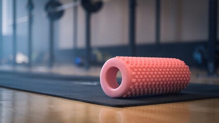 Textured pink foam roller on black mat and wooden floor