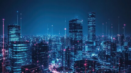 Cityscape of the Future: A breathtaking cityscape illuminated by glowing neon lights, showcasing the advancements of technology and the interconnectedness of urban life.