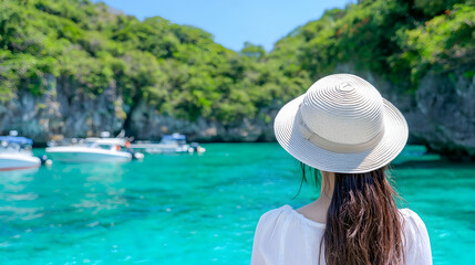 Fototapeta premium Young woman in a straw hat looking at the turquoise sea and tropical cliffs during a boat tour.