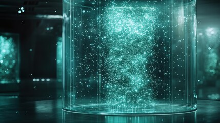 Scientific Marvel: Glimpses of biological innovation, showcasing intricate light patterns and containment within transparent containers.