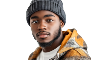 Young man in cozy hat and jacket poses confidently