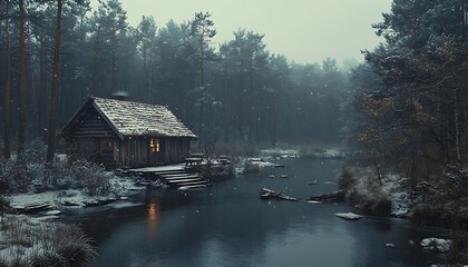 Fototapeta premium Snowy cabin by frozen river in misty forest