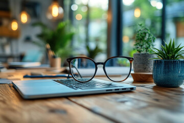 workspace with a laptop with glasses and several potted plants on it. The glasses are positioned directly in front of the laptop screen, creating a sense of focus and a work environment. 